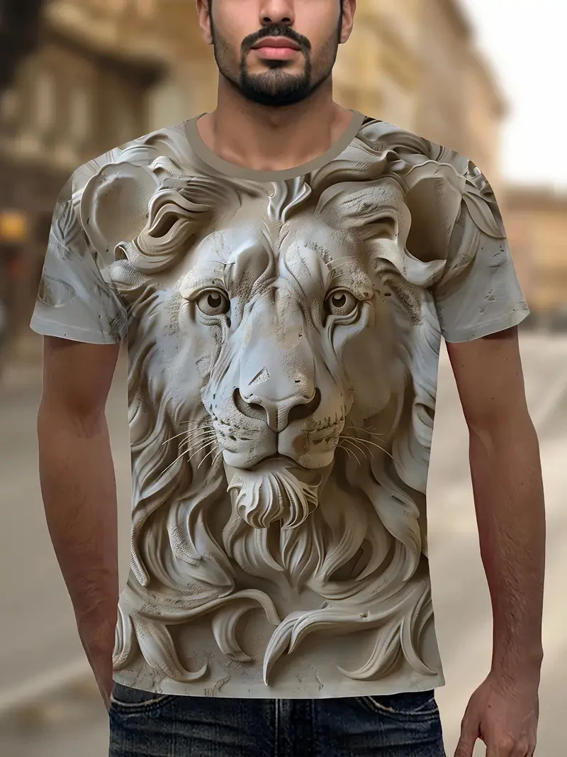 プラスサイズ 3D プリントメンズライオンプリント Tシャツ夏半袖ラウンドネック Tシャツメンズ新動物ライオン柄 Tシャツトップ
