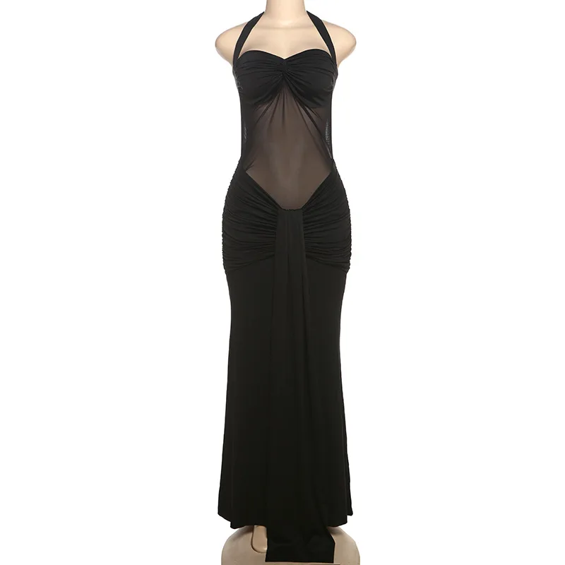 Przezroczysta Sukienka Maxi Bodycon z Siateczki, Naszywki, Marszczeniami i Wstążką, Damska, Seksowna, Bez Ramiączek, Sznurowana, z Odkrytymi Plecami, Wyszczuplająca, Klubowa, Imprezowa, Długa Suknia