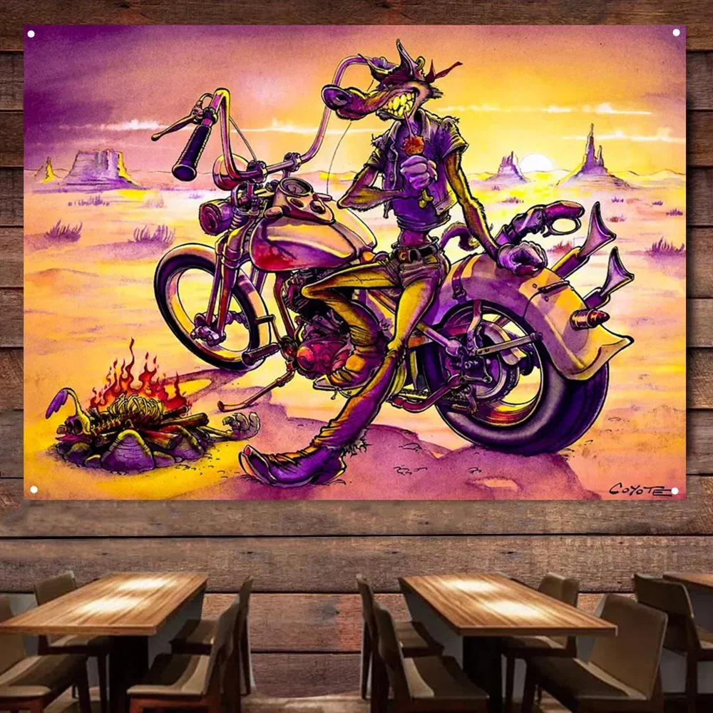 Wolf Rider Motorcycle Flag Tapestry Banner Motor Rider Decor Poster Wall Art Vintage Sign Motor Car Painting For Garage Man Cave