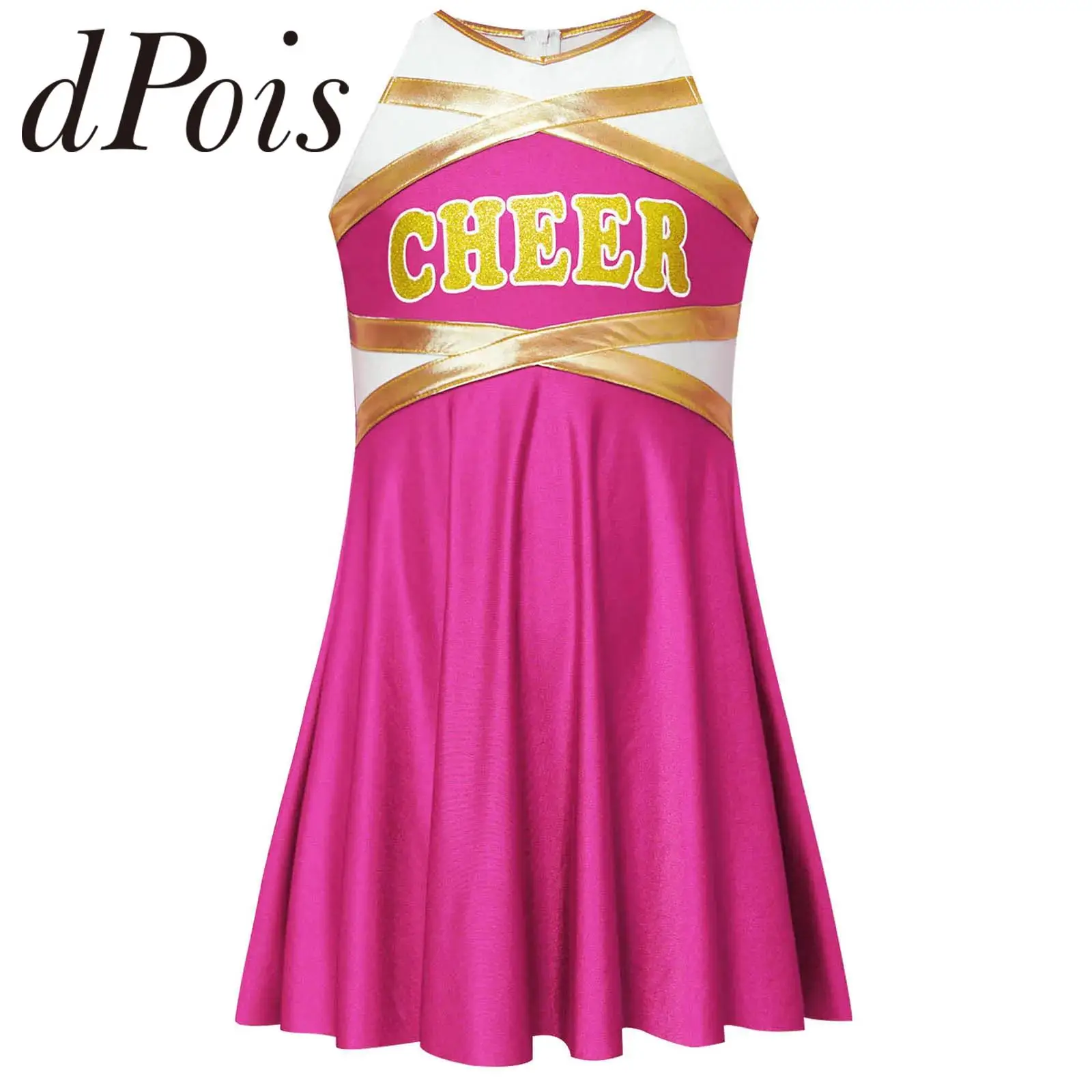

Kids Girls Cheerleading Uniform Cheerleader Cheer Dance Performance Costume Dancewear Sleeveless Letter Print Metallic Dress