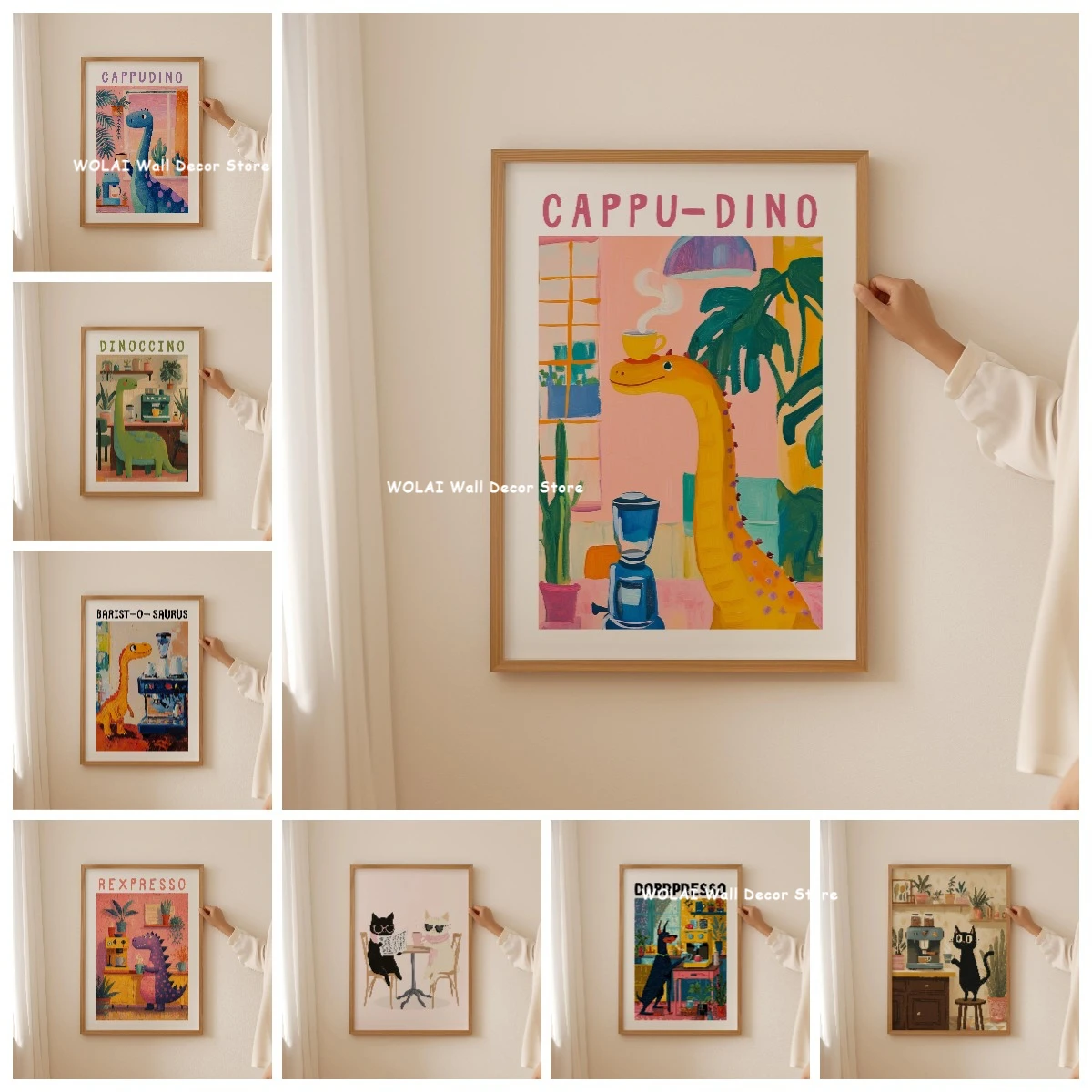 Cute Dinosaur Coffee Canvas Printing Cartoon Dinosaur Cat and Dog Animal Wall Art Poster for Modern Kitchen Home Aesthetic Decor