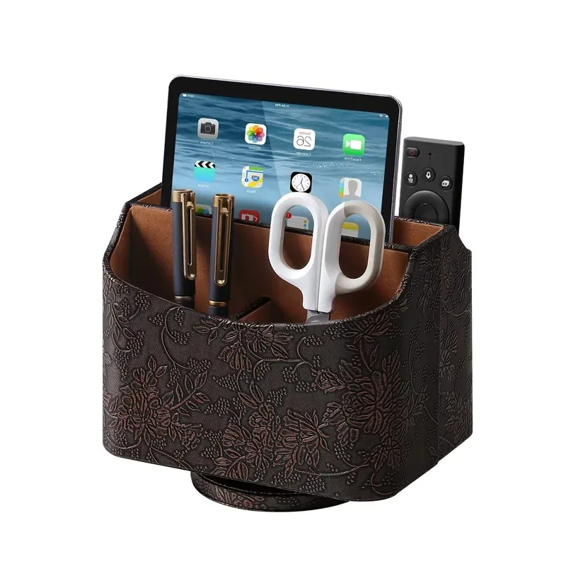 360-Degree rotating desk storage box with retro brown embossed leather rotating stationery rack, suitable for administrative