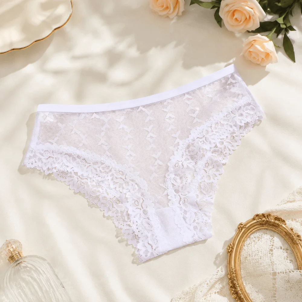 Elegant Low-Rise Sheer Mesh Underwear Seamless Transparent Women Lace Panties Butterfly Floral Perspective Underwear Girls