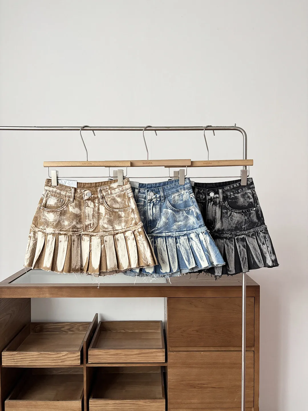 Women's Summer Tie Dye Color Pleated Denim Skirt Lady Streetwear High Waist A Line Short Skirt