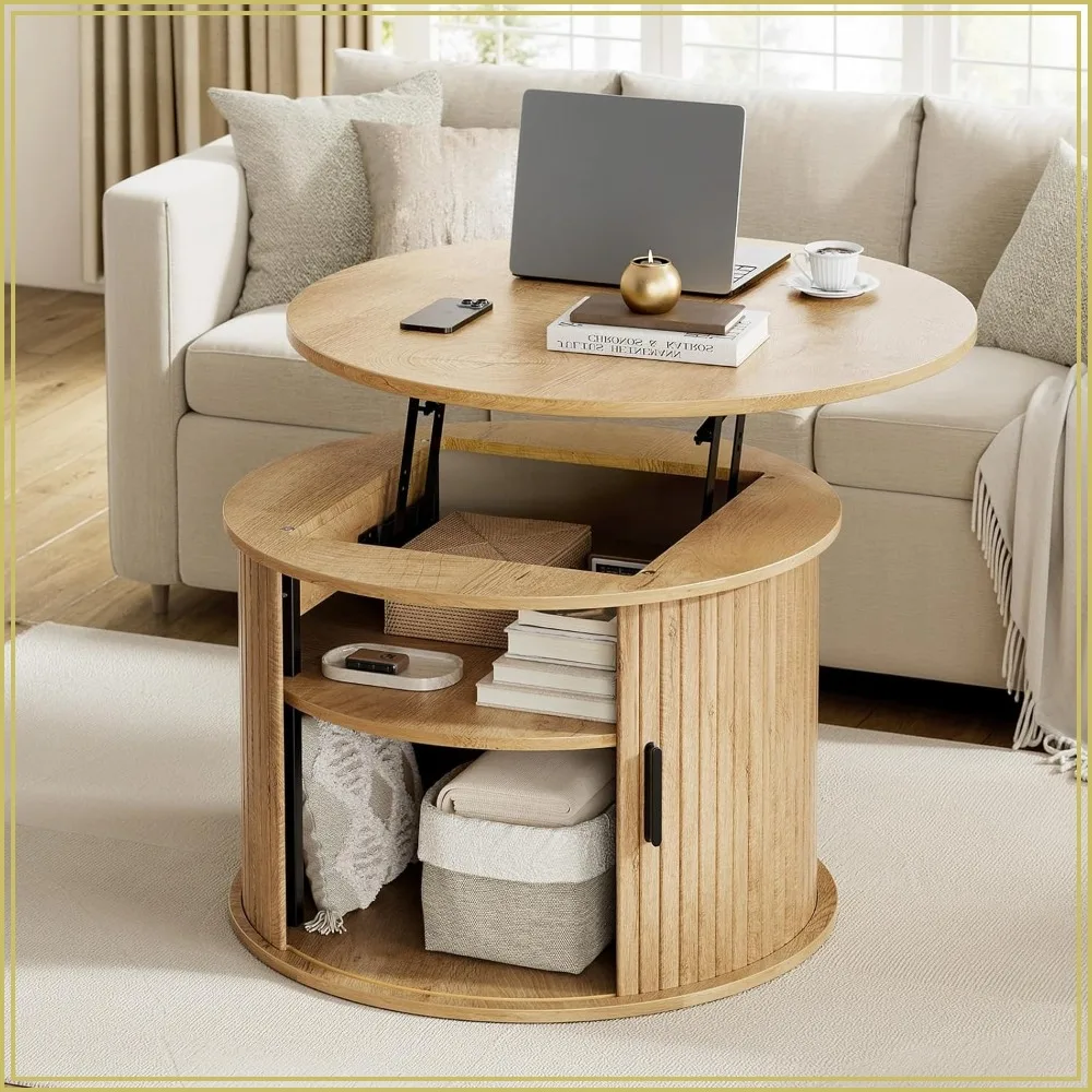 Round Lift Top Coffee Table with Fluted Drum Design and Sliding Door, Wood