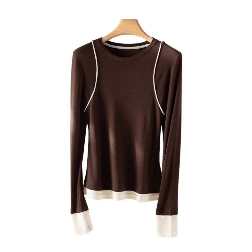 

Женская шерстяная трикотажная рубашка из тенселя с круглым вырезом и длинными рукавами, контрастный элегантный пуловер, базовый топ от