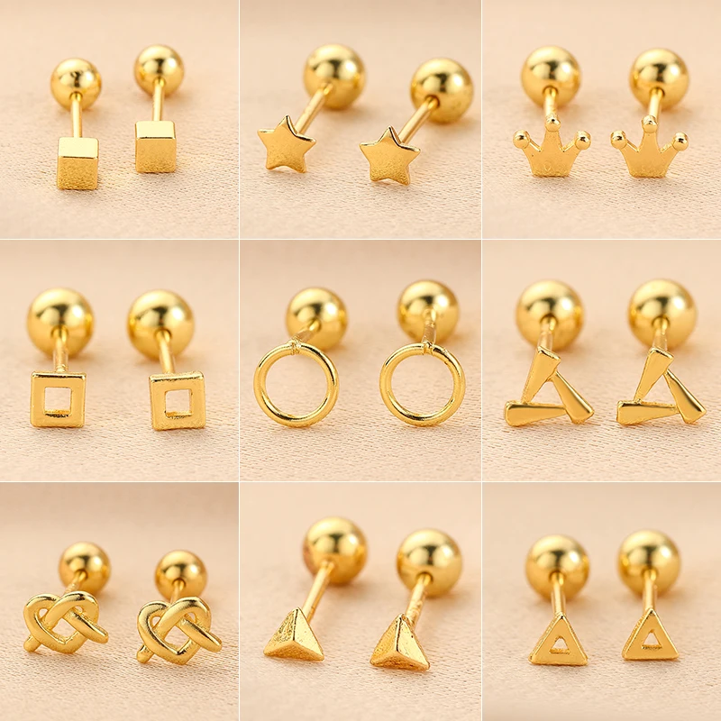 Fashion Simple Star Crown Circle Stud Earrings for Women Gold Color Wild Screw-Back Ear Piercing Party Jewely Gifts