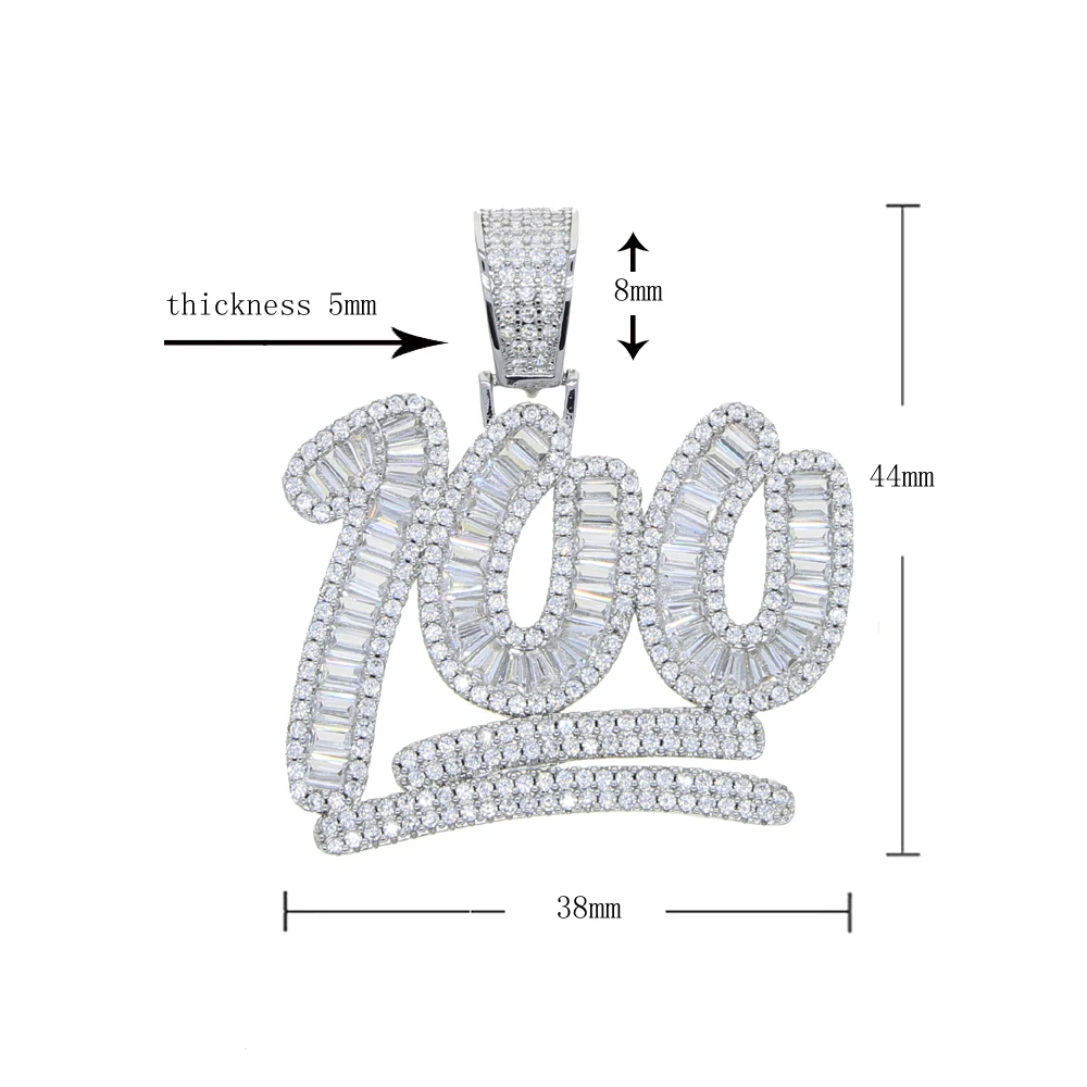 New Iced Out Bling Score 100 Pendant Necklace Silver Color 5A CZ Cubic Zirconia Number Charm Hiphop Men Women Jewelry