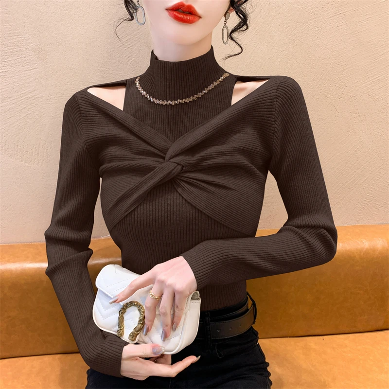 2024 New Fall Winter European Clothes Knitted Sweater Fashion Sexy Hollow Out Kink Shiny Beading Women's Long Sleeve Tops 41021