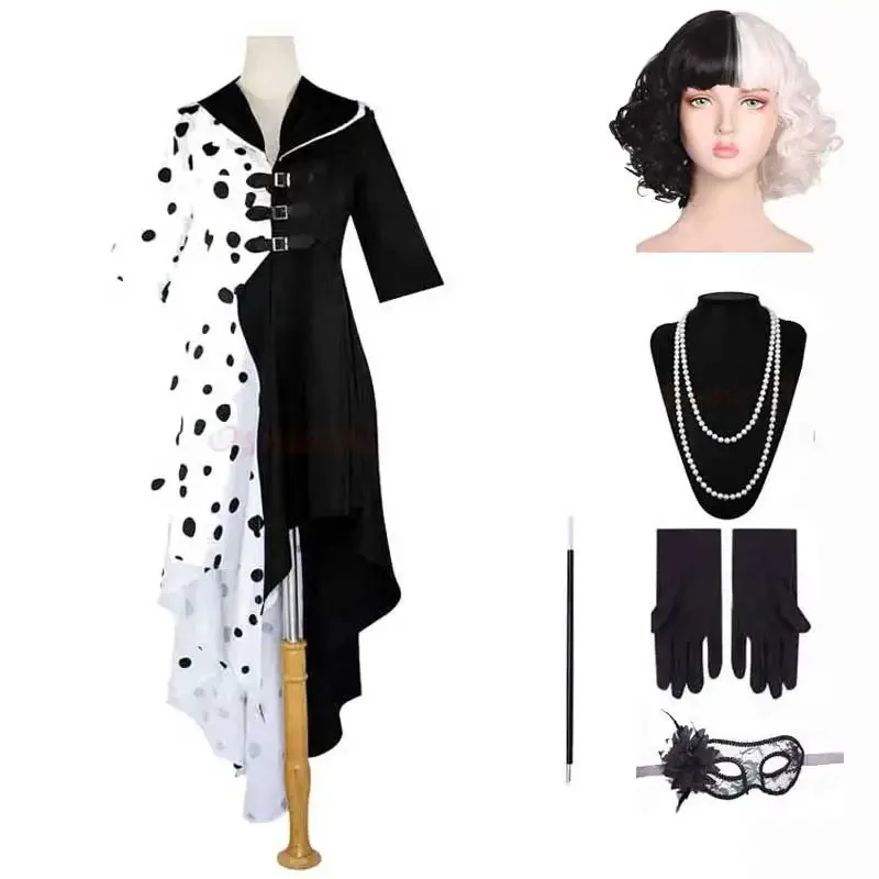 L2025l nuevo disfraz De Cosplay para niñas y mujeres malvado Madame Cruella De Vil, vestido De Cosplay, vestido De sirvienta blanco y negro, guantes, peluca para fiesta De Halloween