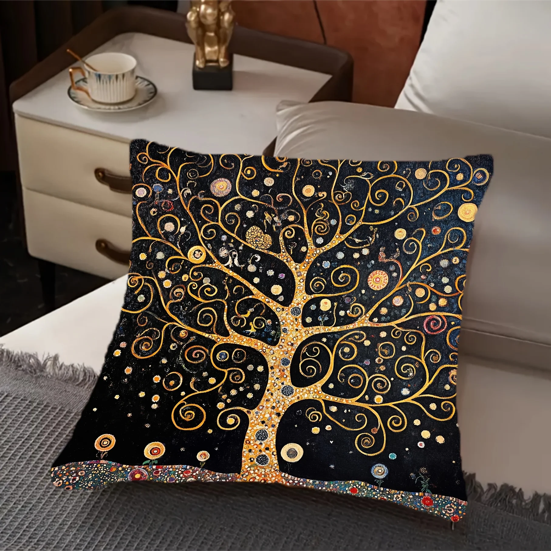 Gustav Klimt Tree of Life Pillow Cover Golden Art Print Boho Spiritual Cushion Case for Sofa Bed Couch Elegant Home Decor