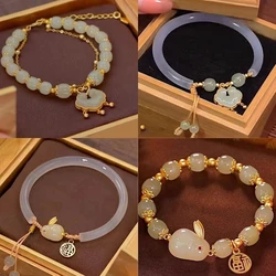 Rabbit Bracelet Pendant Round Beaded Bracelet Adjustable Vintage Beads Bracelets Chinese Style Vintage Hand Ornaments Jewelry