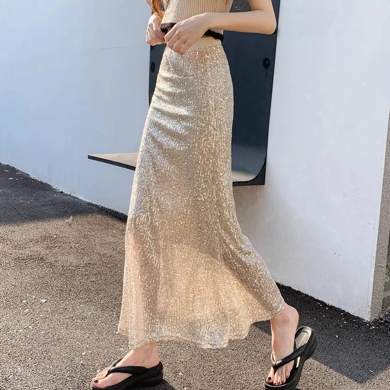 2026 New Sequined Skirt Women Summer High Waist Slim Elastic A Line Long Skirt Sparkly Hip Fishtail Elegant Party Wear