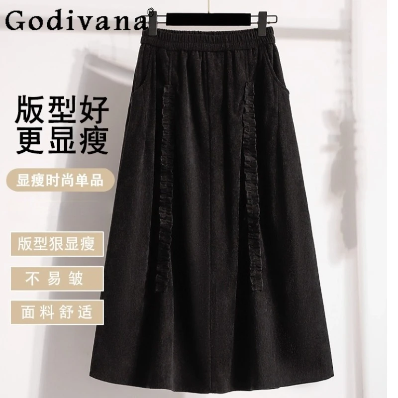 

Large Size Women Autumn 2025 New Loose Corduroy Korean Long Skirt Fashion High Waist Big Swing Versatile A-line Leisure Skirts