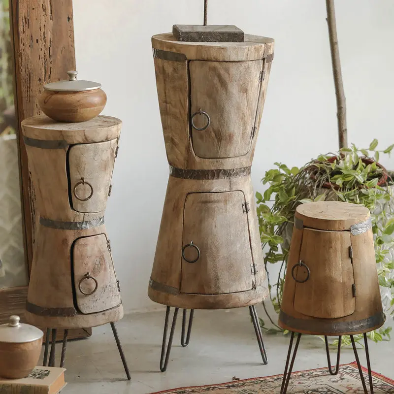 Double-layer funnel flower pot storage cabinet, solid wood flower rack, storage rack, wabi-sabi style floor-standing ornament