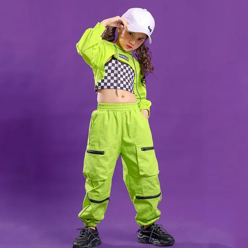 5-16 Years Old Jazz Dance Costumes, Girls' Hip-hop Costumes, Spring and Autumn Fluorescent Green Umbilical Sportswear Children