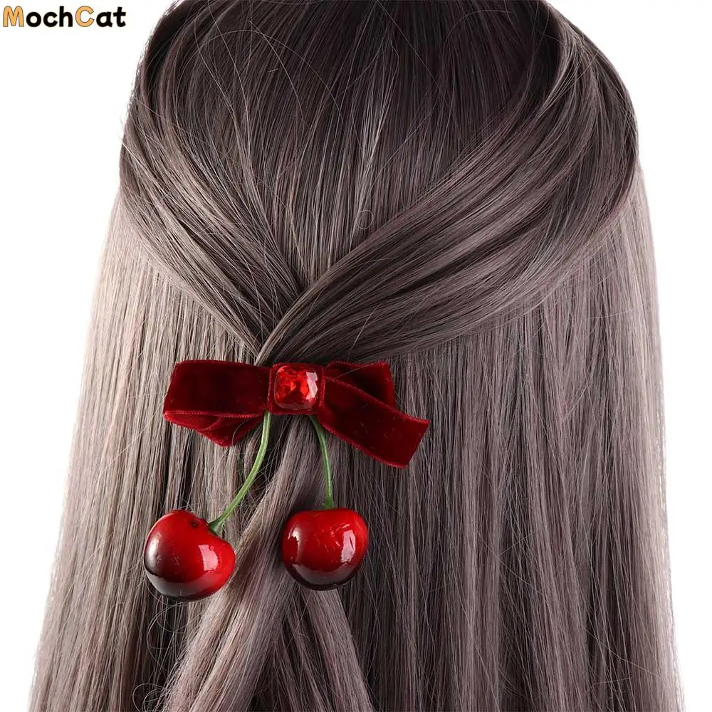 

Vintage Red Velvet Cherry Hairpin Cloth Bowknot Velvet Bow Hair Clip Barrettes Korean Style Headwear Children