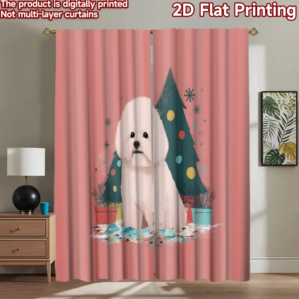 2D flat printing 2pcs Curtain Bichon Dog Christmas Tree Digital Printed Polyester Drapes Festive Wall Decor Use for Photo Booths