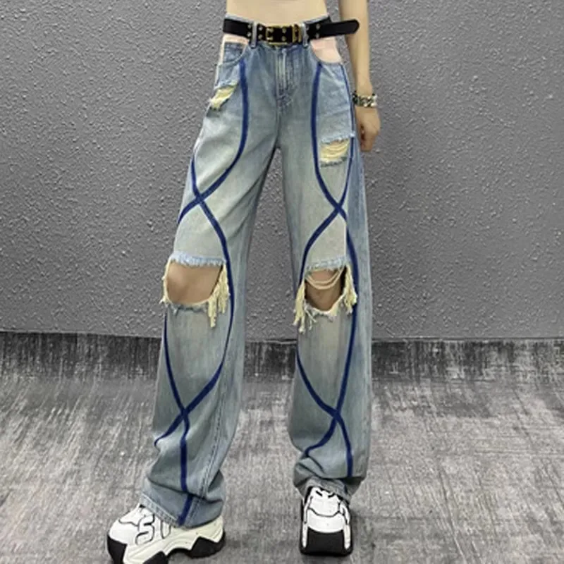 Trendy Personalized Color Blocked Ripped Jeans Women's New Singer High Waisted Loose Straight Leg Versatile Casual Floor Pants