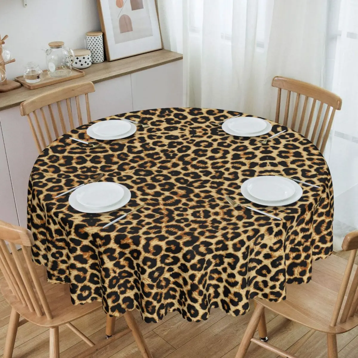 

Round Oilproof Real Leopard Table Cover Sexy African Animal Fur Tablecloth for Picnic 60 inches Table Cloth