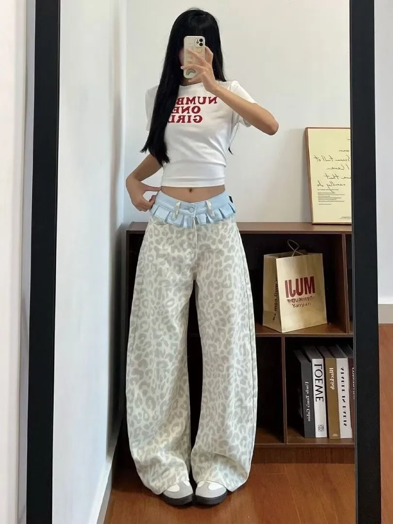 Hot Girl Style Spliced Leopard Print Wide Leg Denim Jeans 2026 New American Retro Design Skirt Hem Floor Length Pants Women