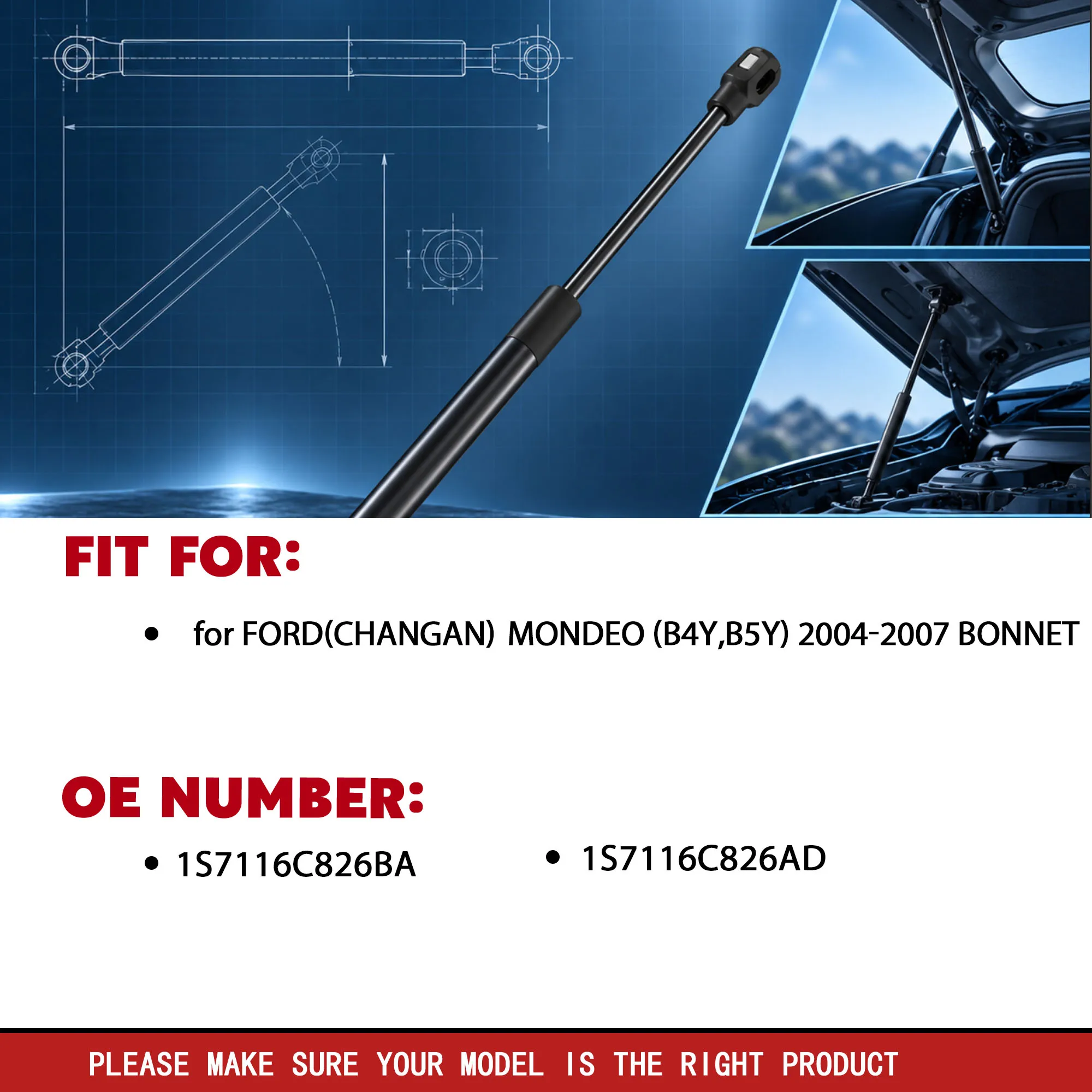 2Pcs Bonnet Gas Spring for Ford Changan Mondeo B4Y B5Y 2004-2007 Hood Lift Support OE 1S7116C826BA