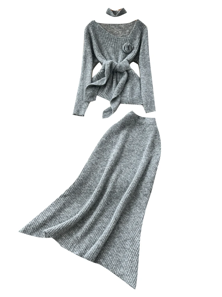 Ele Set top e gonna lavorati a maglia con cravatta a fiori Vita alta Gamba larga Autunno Inverno Maglione Ensemble Gentle Sle