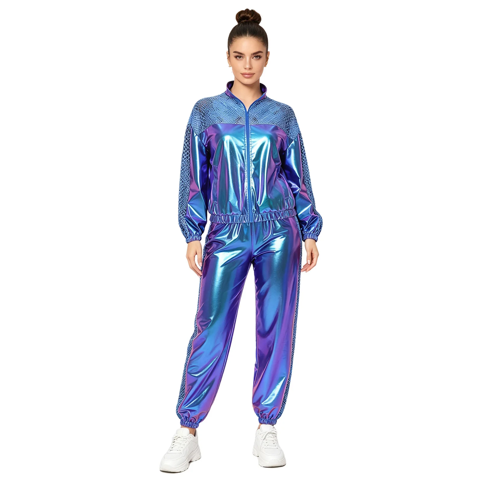 Damen Metallic Glänzendes Disco Hip-Hop Kostüm 80er Jahre Jazz-Tanz-Outfit Langarm-Jacke mit Frontreißverschluss und Jogginghose – Detail 20