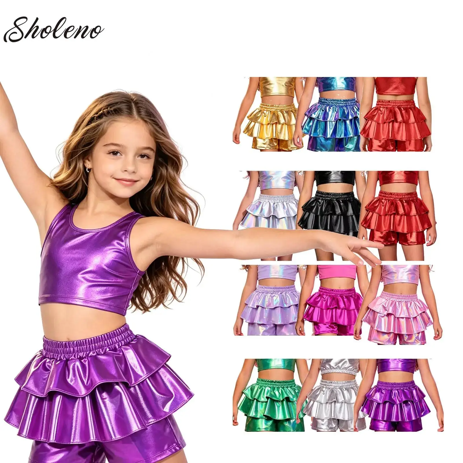 

Jazz Dance Party Stage Performance Bottoms for Kids Girls Metallic Ruffled Shorts Elastic Waistband Disco Hip Hop Culottes