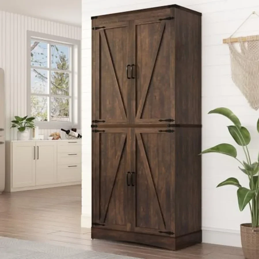 71in Farmhouse Kitchen Pantry Cabinet, Tall Storage Cabinet with 4 Doors and Adjustable shelves, with Load-Bearing Steel Pipe,