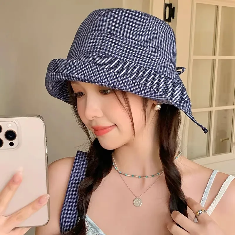

Fashion Plaid Pattern Rolled-brimmed Boater Hat Summer Offers Convenient Sun Protection Easy Storage Outdoor Sunscreen Hat