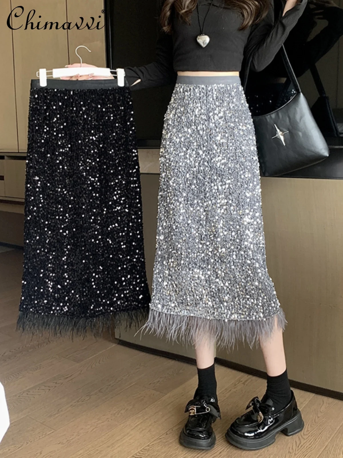 

Women Sheath Skirt Spring Summer Heavy Embroidery Sequins Tassel Velvet High Waist Slit Tight Fitted Long Skirts For Office Lady