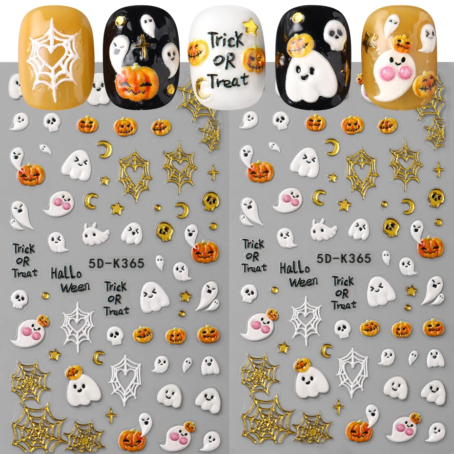 2 SZT. Czarne Koty Złote Dynie Naklejki na Paznokcie Pajęczyna Cięcie Duch Halloweenowe Slidery Śmieszny Design Horror DIY Dekoracja Manicure