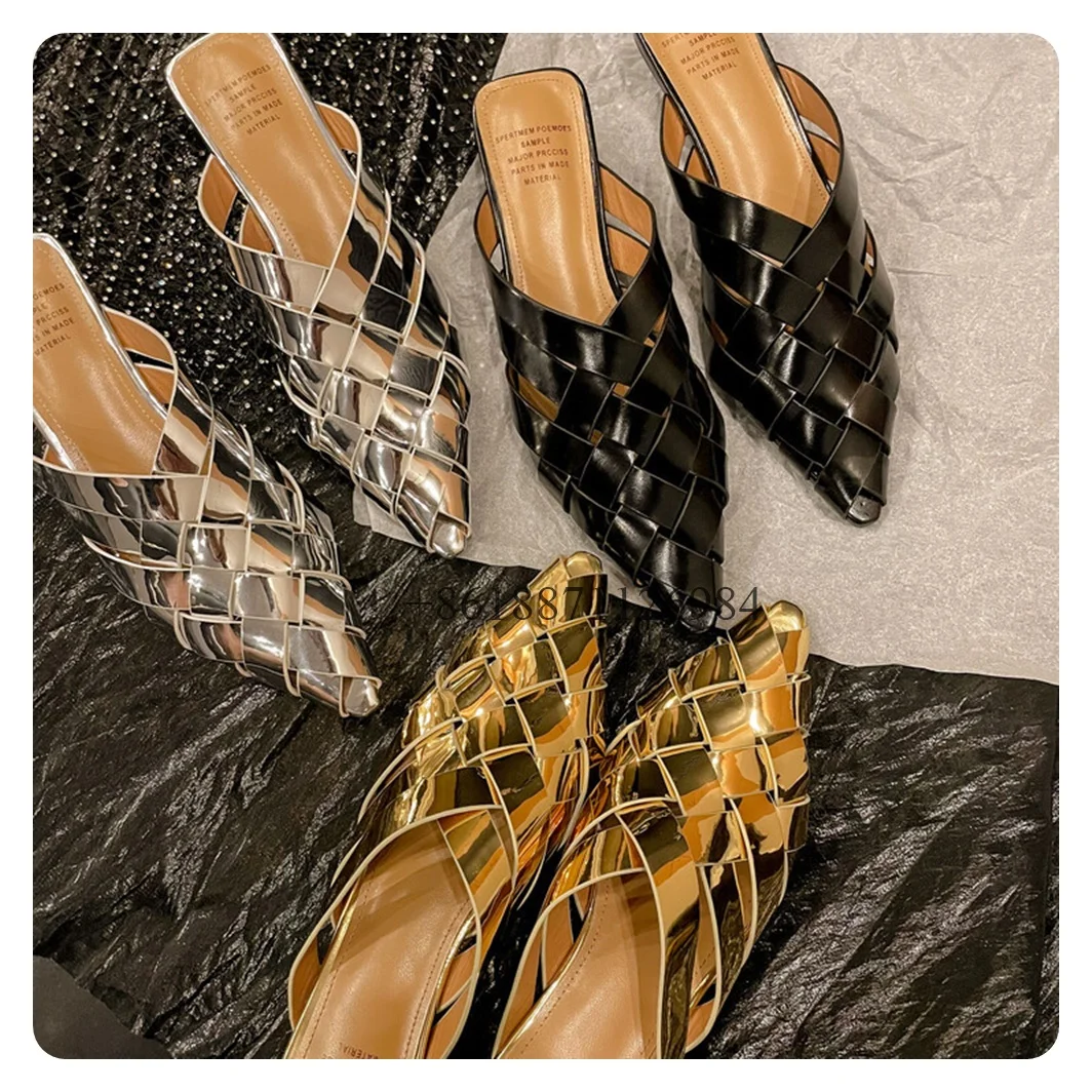 

Genuine Leather Weave Pointed Toe Summer Women Slippers Strange Style Middle Heels Slip On Design Closed Toe Mules Shoes