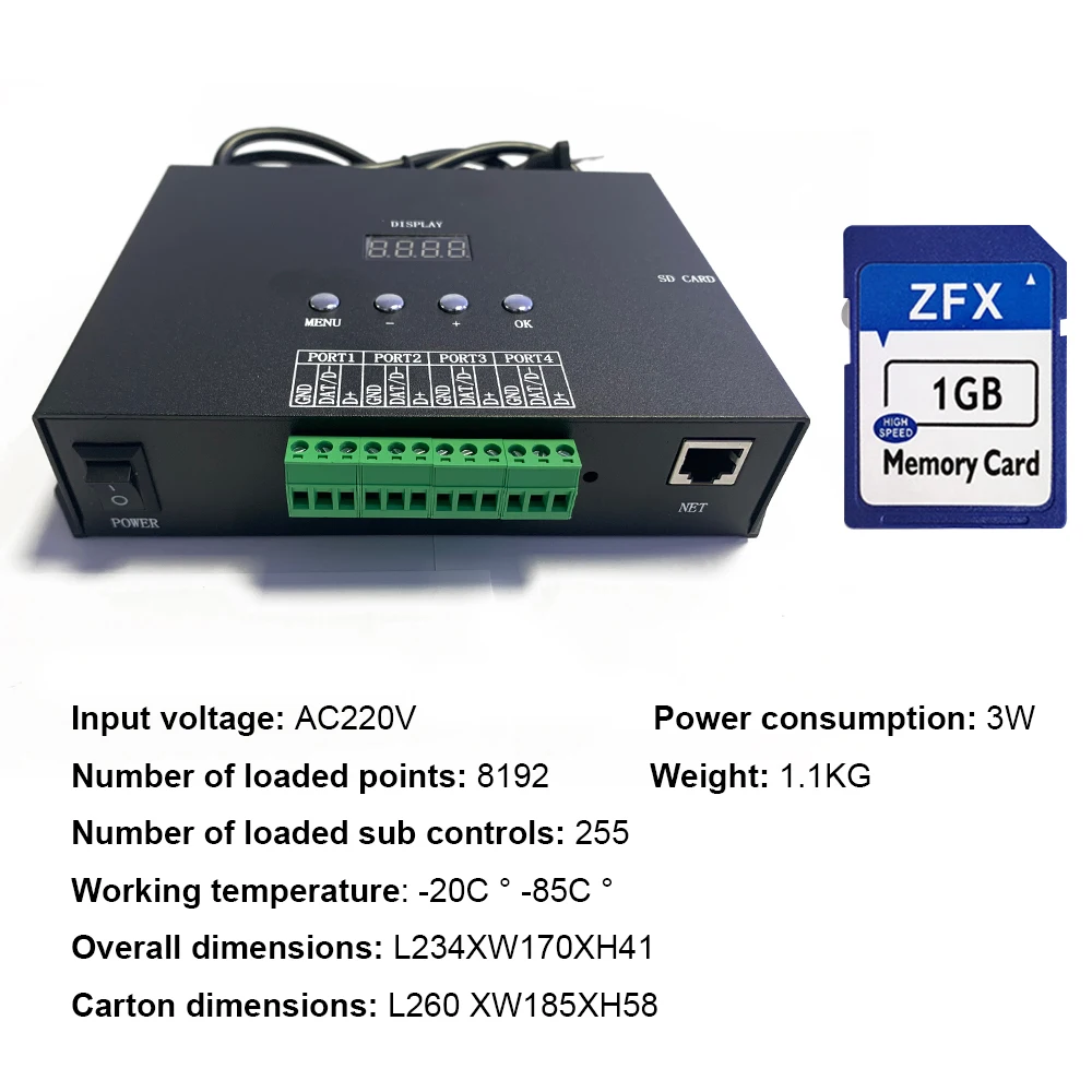 H807SA 8 Port Madrix Artnet To SPI Controller 8192 Pixel WS2811 WS2812 WS2815 For Led RGB Strip Lights Connected Detachable card