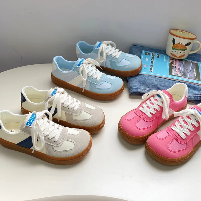 2024 New Women Pink Tennis Sport Shoes Female Canvas Sneakers Lace Up Girls Students Blue Casual Shoes Soft Insole Patchwork