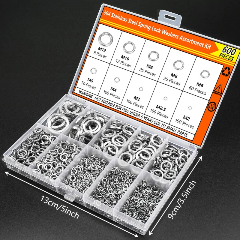 1000 Uds M2 M2.5 M3 M4 M5 M6 M8 M10 M12 304 Kit de arandela de bloqueo de resorte de acero inoxidable, arandelas divididas métricas para tornillos surtido de pernos