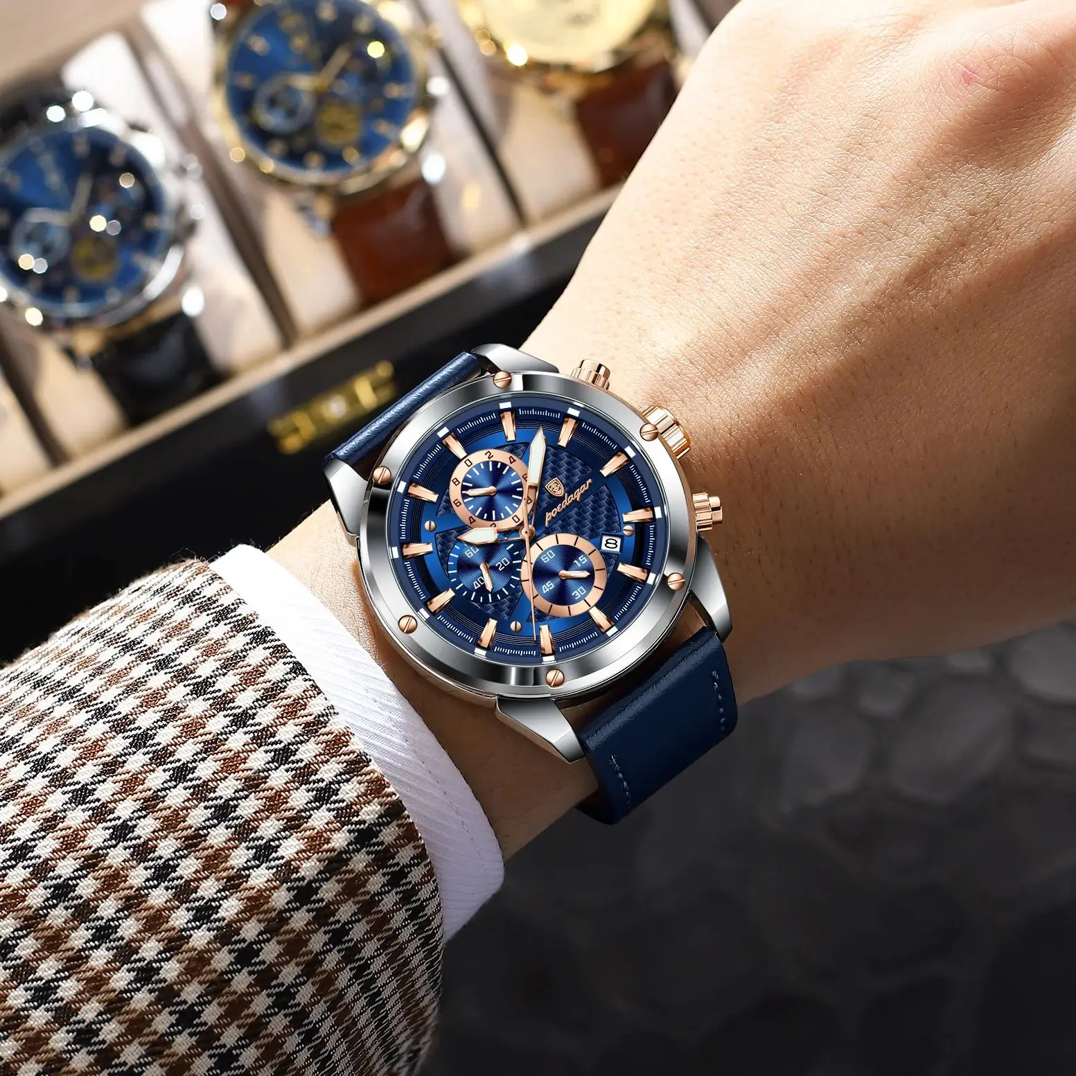 POEDAGAR رجل الأعمال ساعة مقاوم للماء مضيئة كرونوغراف تاريخ الساعات الأصلية للرجال جلدية فاخرة ساعة يد كوارتز رجالية