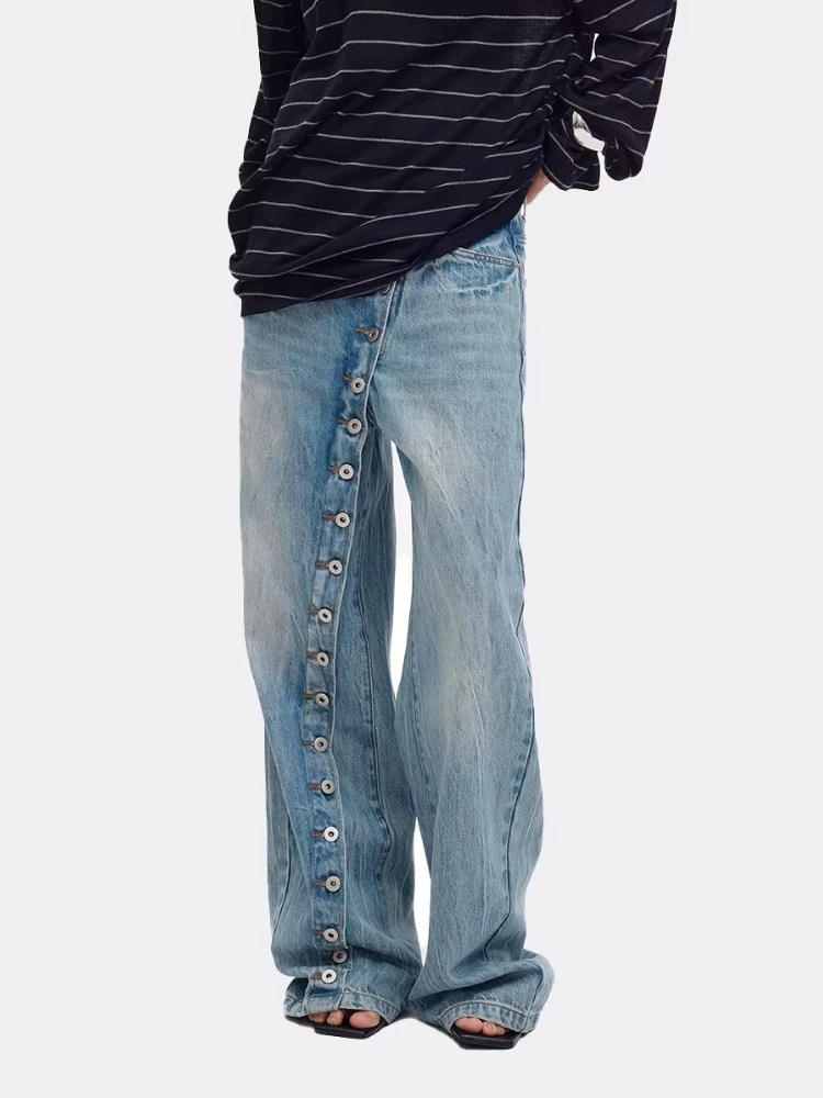 

2026 American Retro Plus Size Distressed Washed Jeans for Women Diagonal Button Jeans Harajuku Design Casual Floor Pants