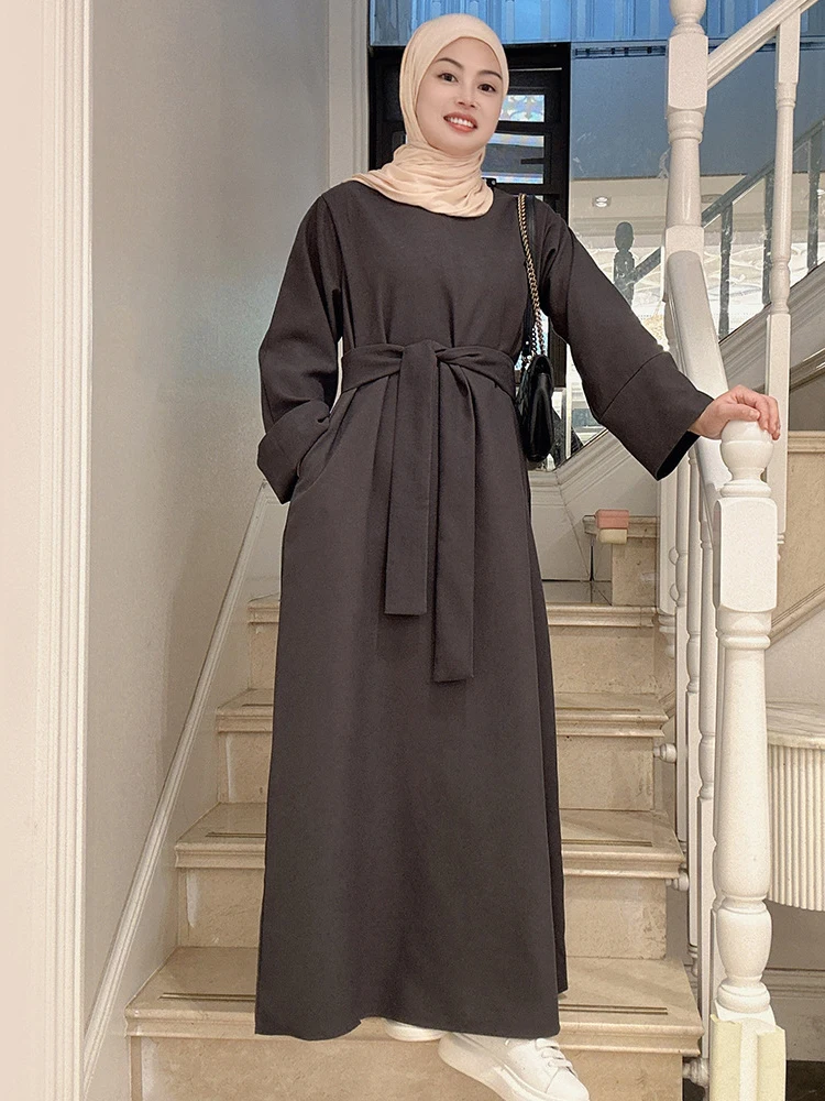 Autumn Brushed Twill Muslim Women Abaya Dress, Side Pockets, Warm Hijabi Robe, Modest Islamic Clothing, Ramadan Eid, Winter