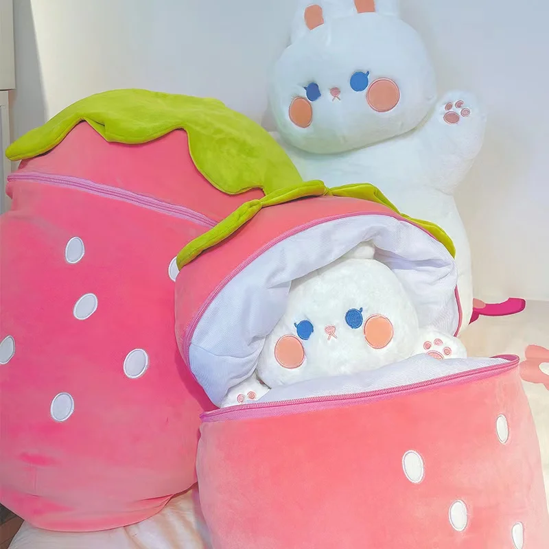 Brinquedos de pelúcia Kawaii criativos para crianças, morango, cenoura, bolsa, transformar para coelho, gordo, redondo, porquinho, boneca macia recheada, presentes, 2 em 1