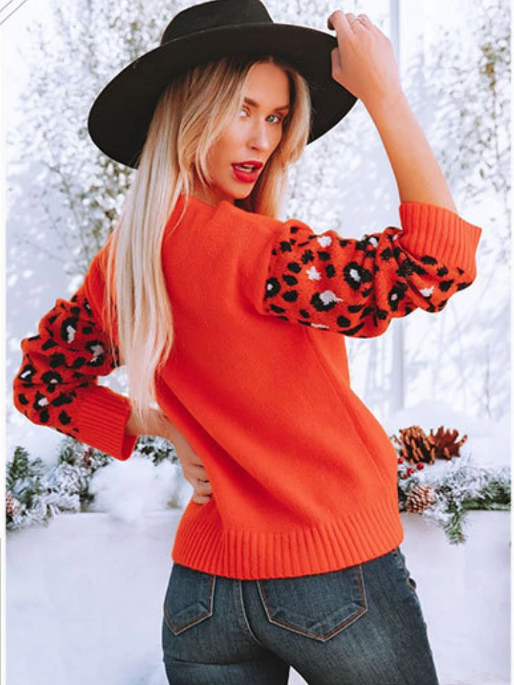 New Ladies Leopard Patchwork Autumn Winter Sweater Women Tops Full Sleeve Knitted Jumper Pullovers Sweaters Female Pull Knitwear