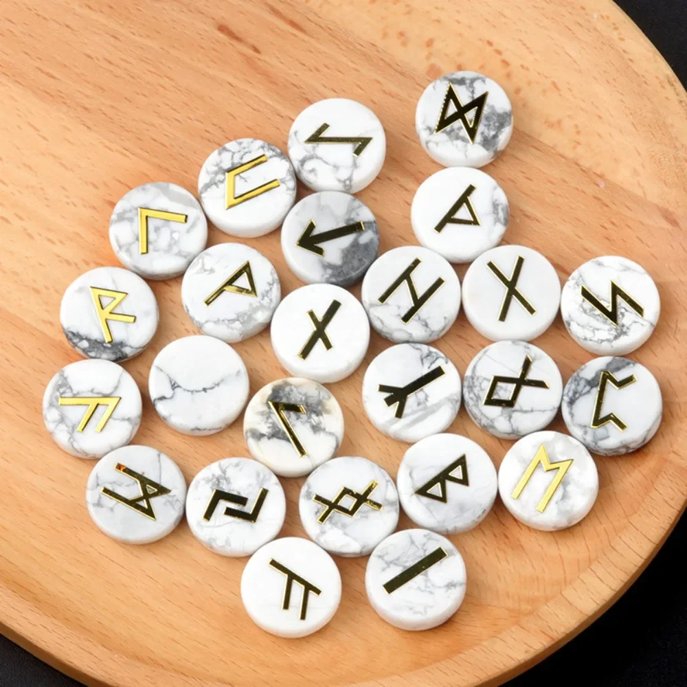 25Pcs/set Mini Runes Letter Round Stone Set  Nordic Germanic Natural Crystal Agate Energy Healing Gems for Divination Meditation