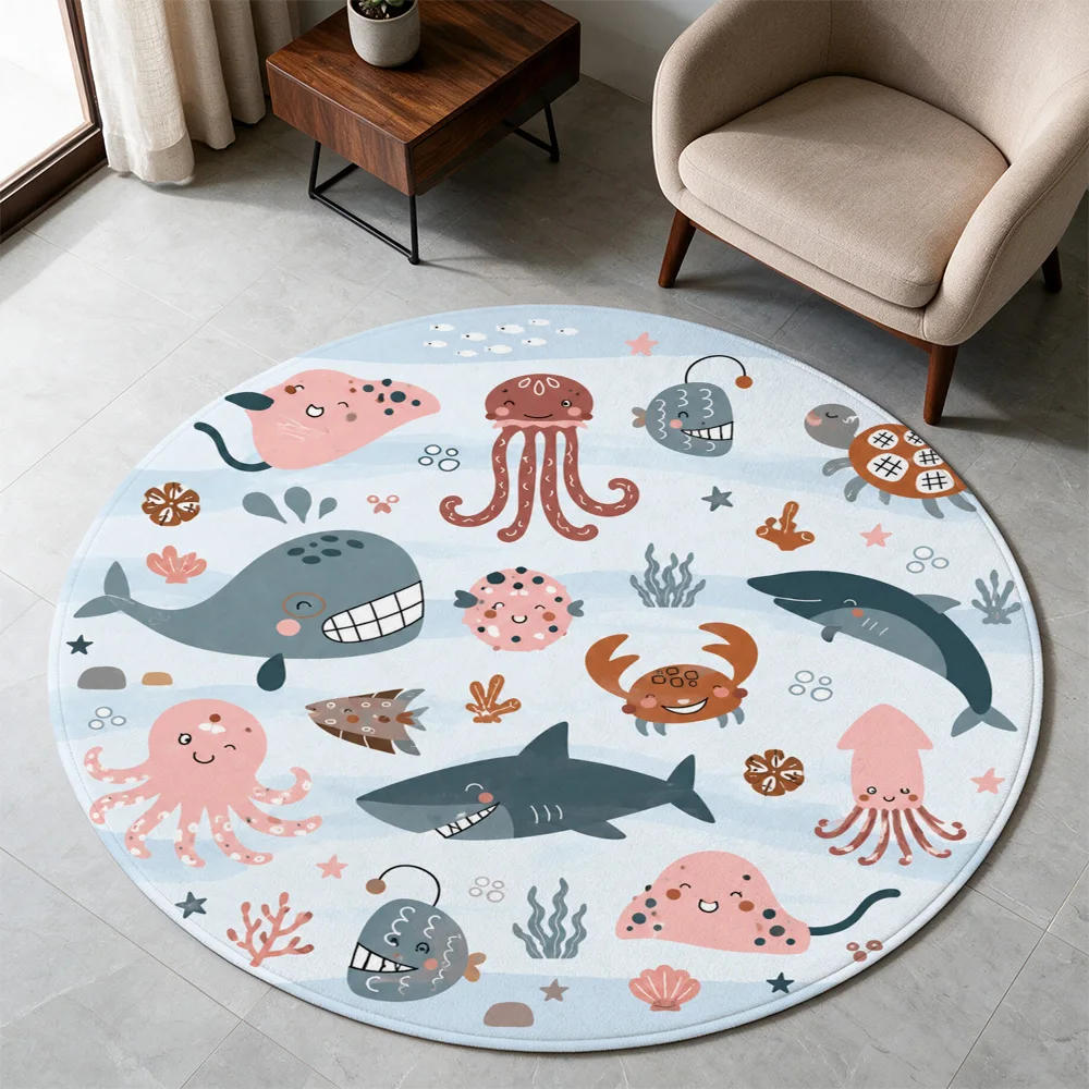 Cute Ocean Animal Round Area Rug for Nursery Kids Playroom Bathroom Decor Sea Life Theme Mat