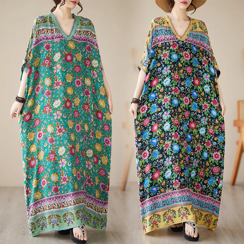 

Large Size Women's Printed Boho Clothing 2023 Summer New Ethnic Style Retro V-Neck Cotton Silk Dress Loose Fit Long Dress c036