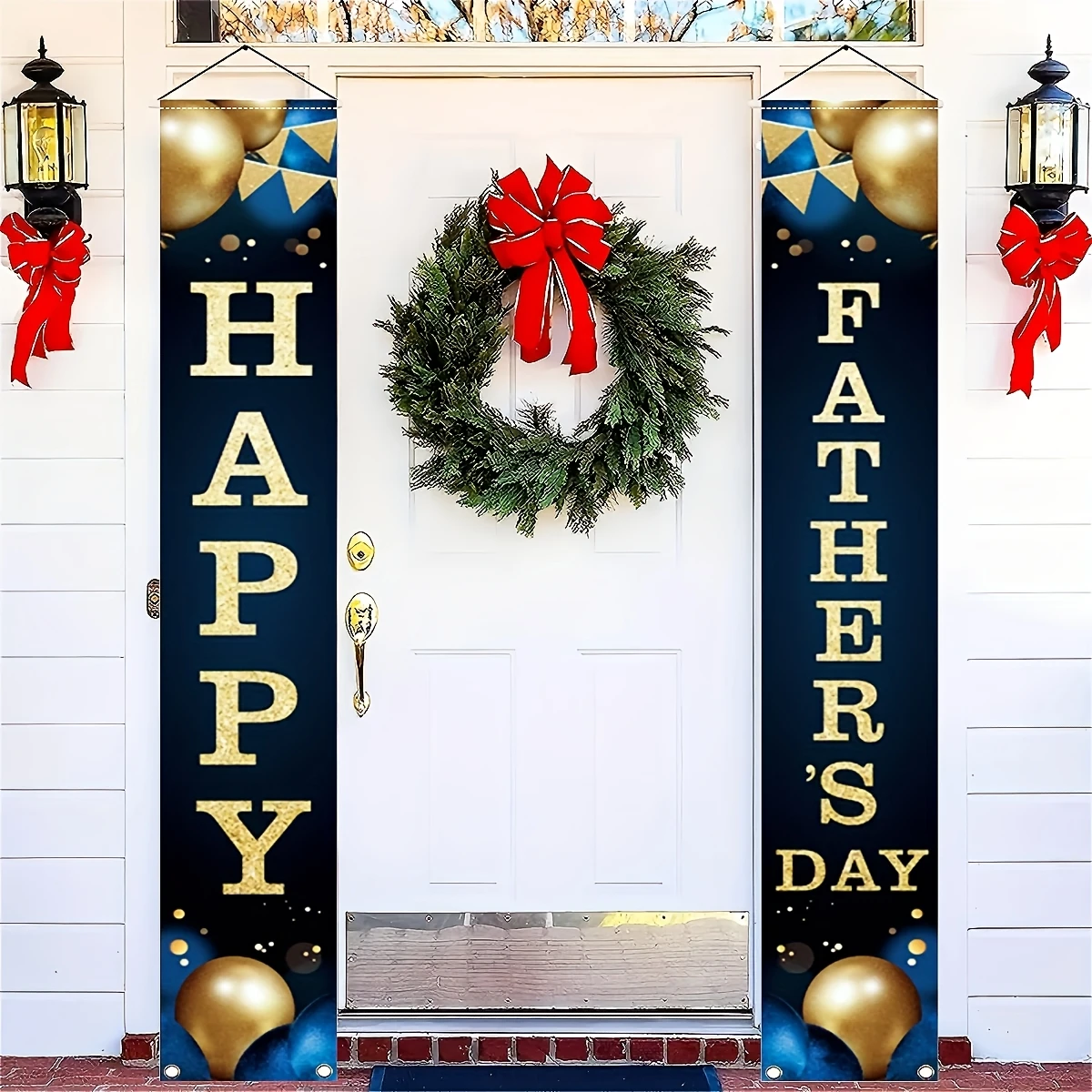 2Pcs Happy Father's Day Banners, 12x70.8in, Gold Letters on Navy Blue with Stars & Balloons, Durable Polyester