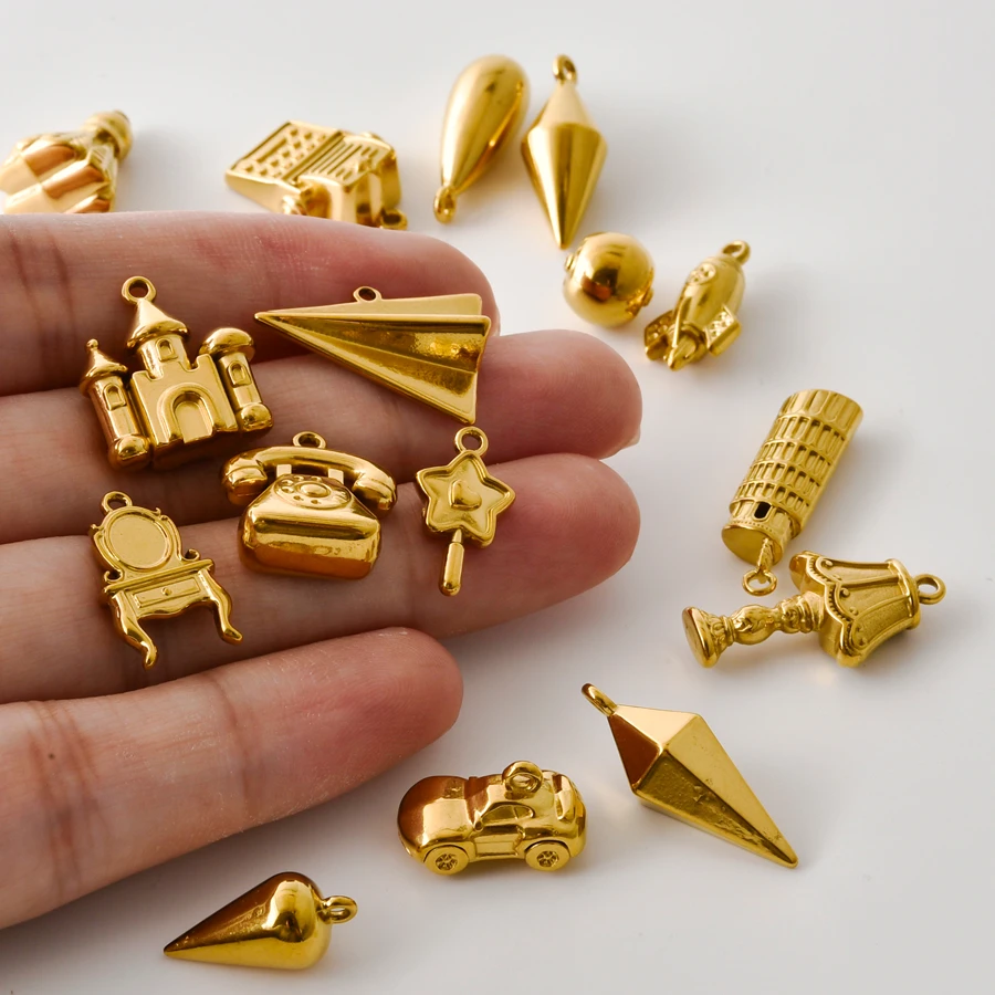 7Pcs Vintage Roman Column Castle Clock Tower Charms 3D Stainless Steel Rivet Rocket Car Hourglass Pendant DIY Jewelry Findings