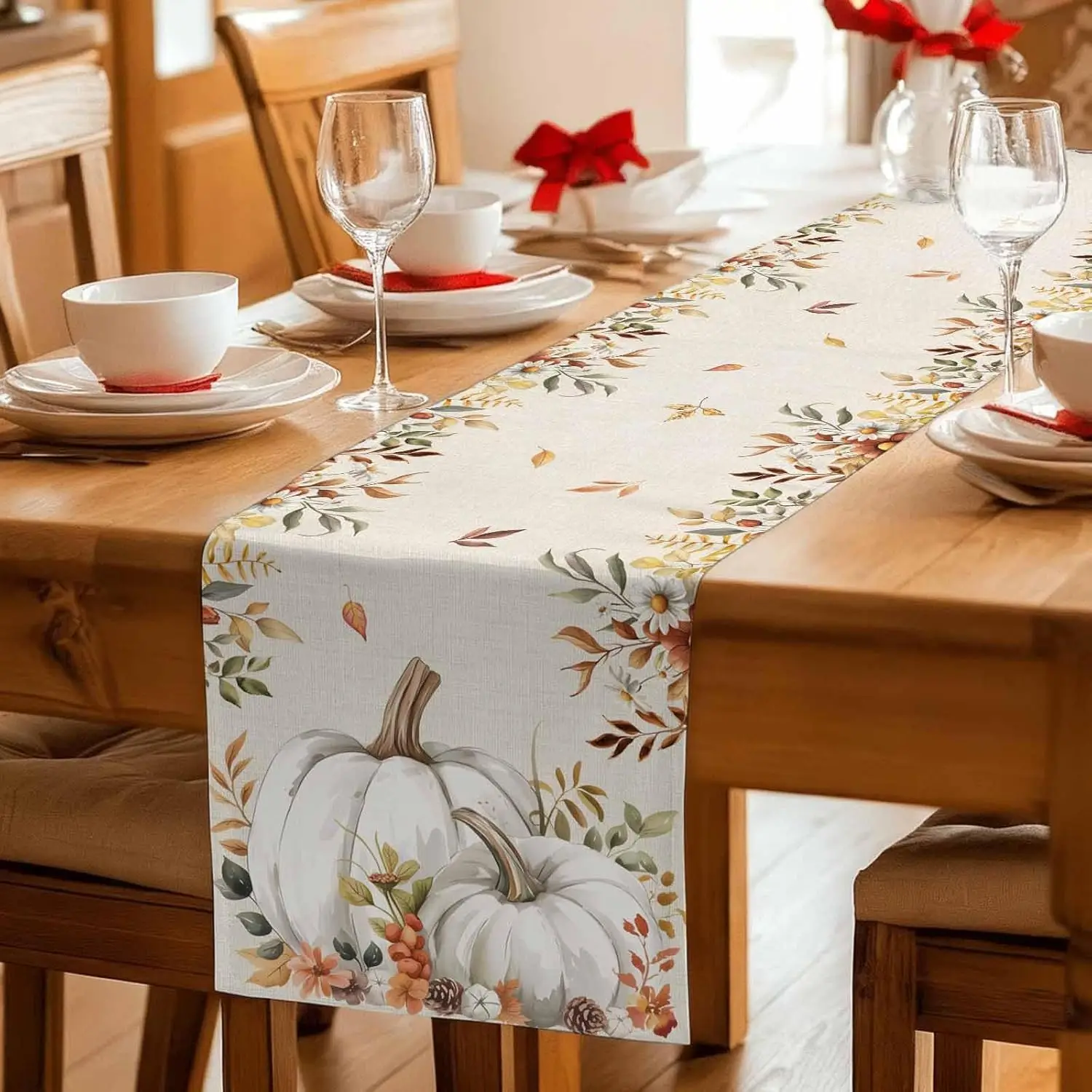 Fall White Pumpkins Linen Table Runner Home Party Decor Thanksgiving Maple Leaf Kitchen Dining Table Runners Autumn Decorations