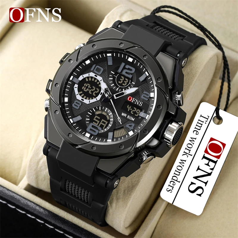 OFNS S6008 relojes de cuarzo de lujo para hombres, reloj deportivo militar resistente al agua para hombres, reloj de pulsera Digital LED con pantalla Dual