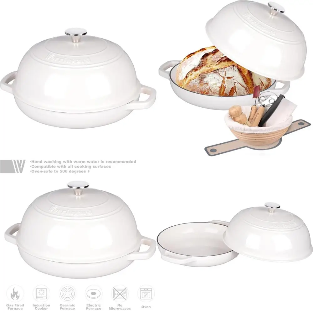 

6 Quart White Enamel Cast Iron Dutch Oven with Lid and Bread Proofing Set